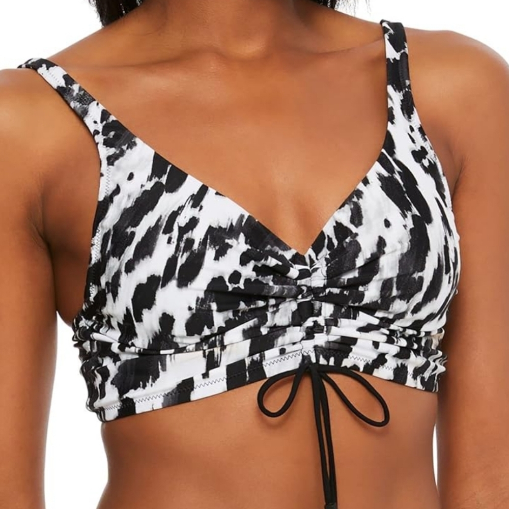 Bar III Black White Printed Bow Front Bikini Top